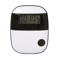 Plastic pedometer with step counter and belt clip.