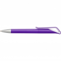 Plastic ballpen with coloured barrel, blue ink and a geometric design twist action clip.